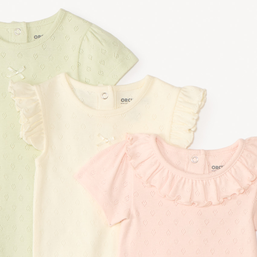 Lot de 3 bodies manches courtes en maille pointel pour bébé fille 