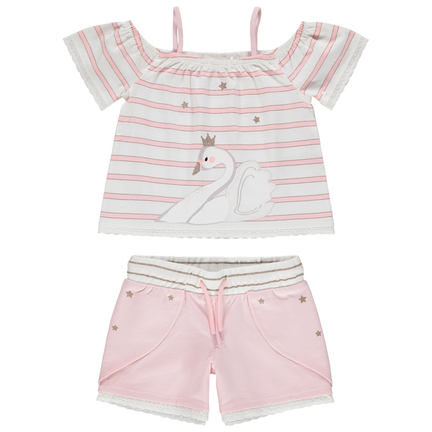Ensemle avec top à rayures print cygne et short rose 