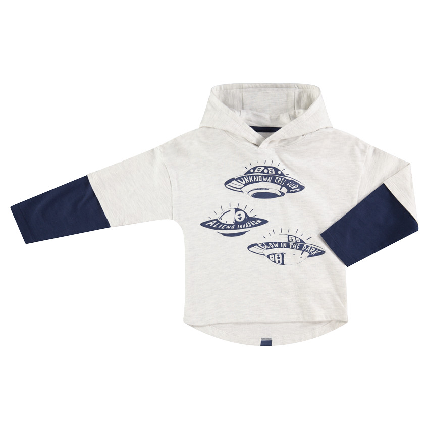Tee-shirt manches longues à capuche effet 2 en 1 print soucoupes volantes 