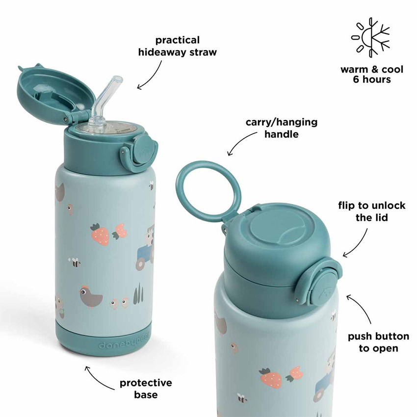 Gourde isotherme avec paille 340ml Tiny Farm Bleu 