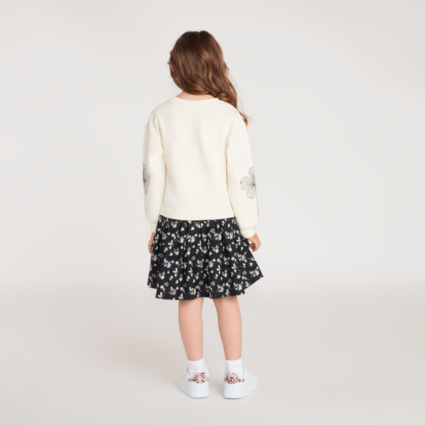 Robe fille bi-matière manches longues broderie fleurie 