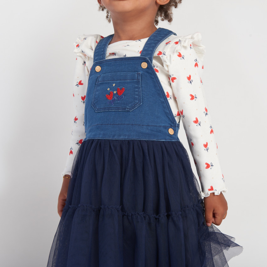 Robe salopette bi-matière pour bébé fille 