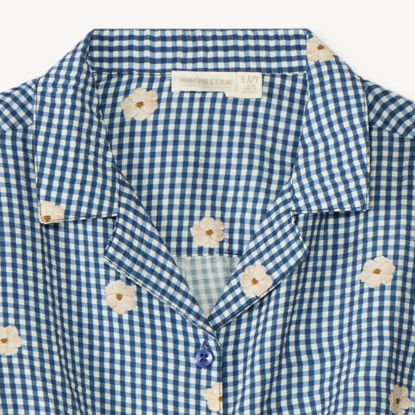 Chemise manches courtes vichy et broderie fleurie fille 
