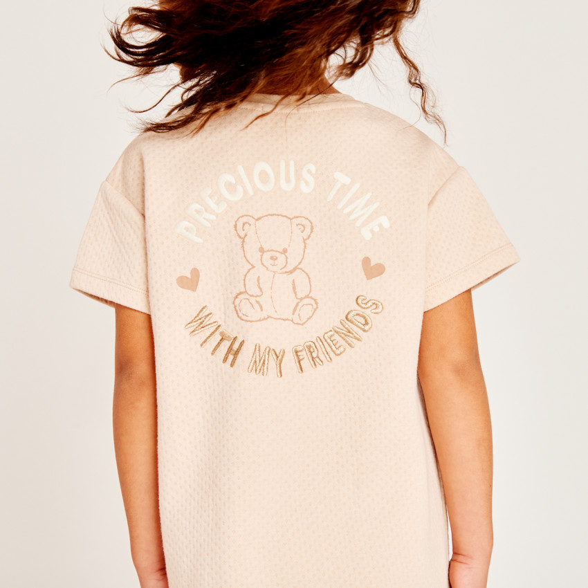 Robe manches courtes effet cloqué et brodée pour fille 