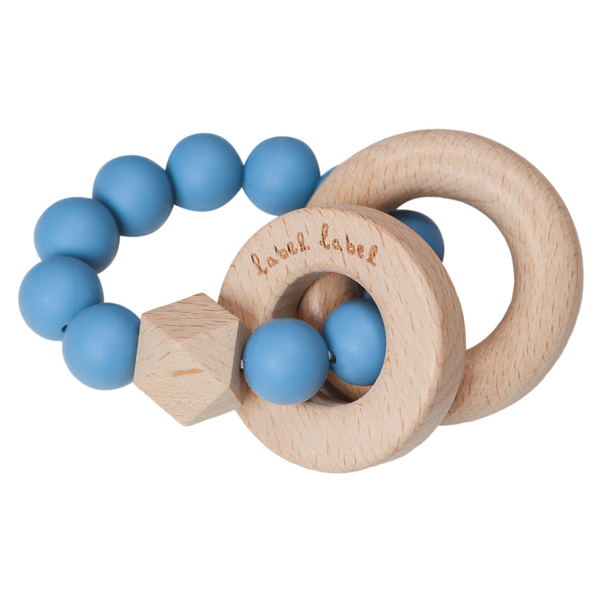 Anneau de dentition en bois avec perles en silicone bleu 