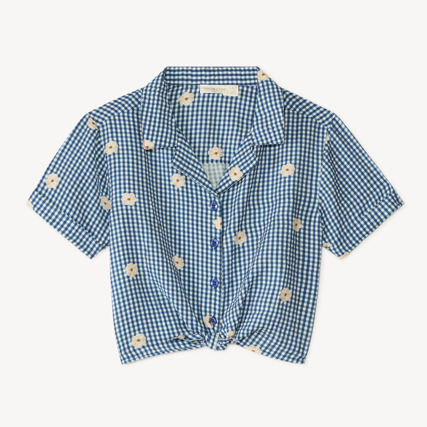 Chemise manches courtes vichy et broderie fleurie fille