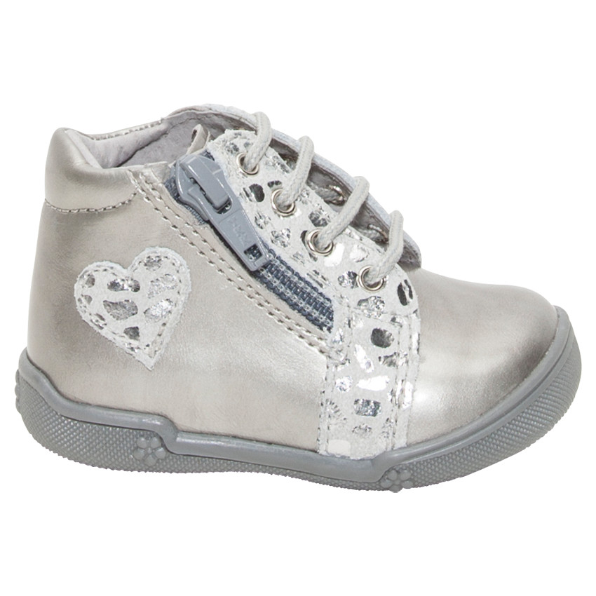Bottillons argentés en cuir à zip et lacets 