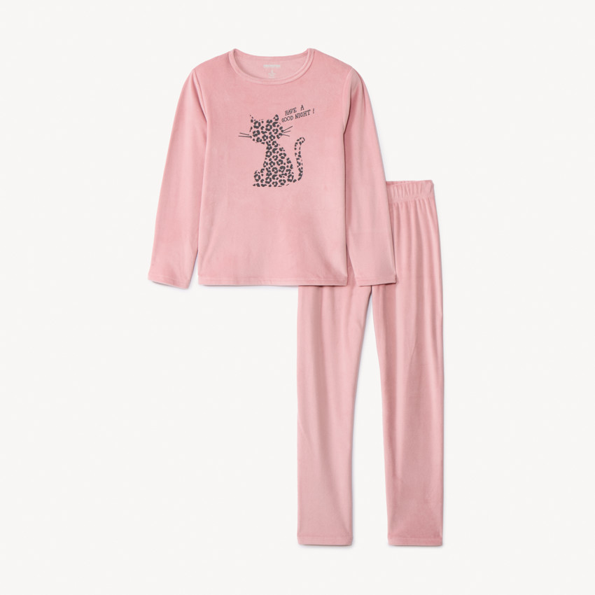 Set pyjama 2 pièces uni rose en micropolaire pour fille  