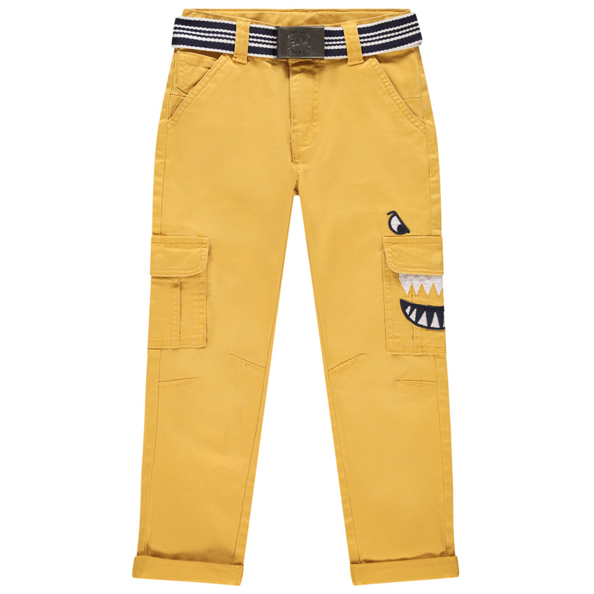 Pantalon cargo jaune à ceinture amovible et broderies 