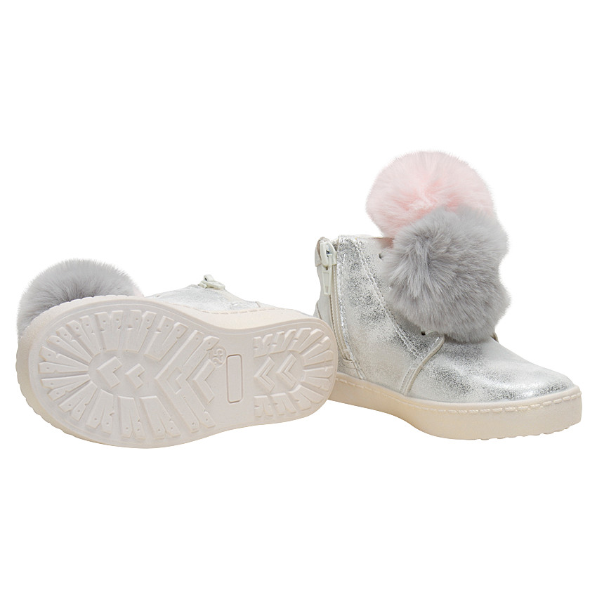 Bottillons à lacets argentés avec pompons en sherpa du 28 au 35 