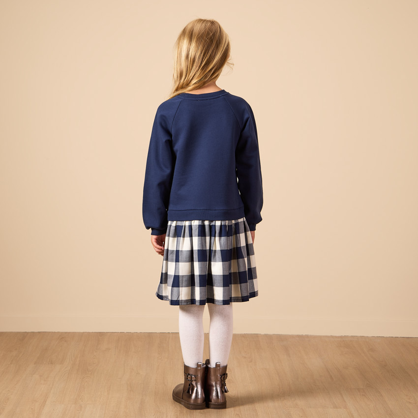 Robe manches longues bi-matières avec bas à carreaux pour fille 