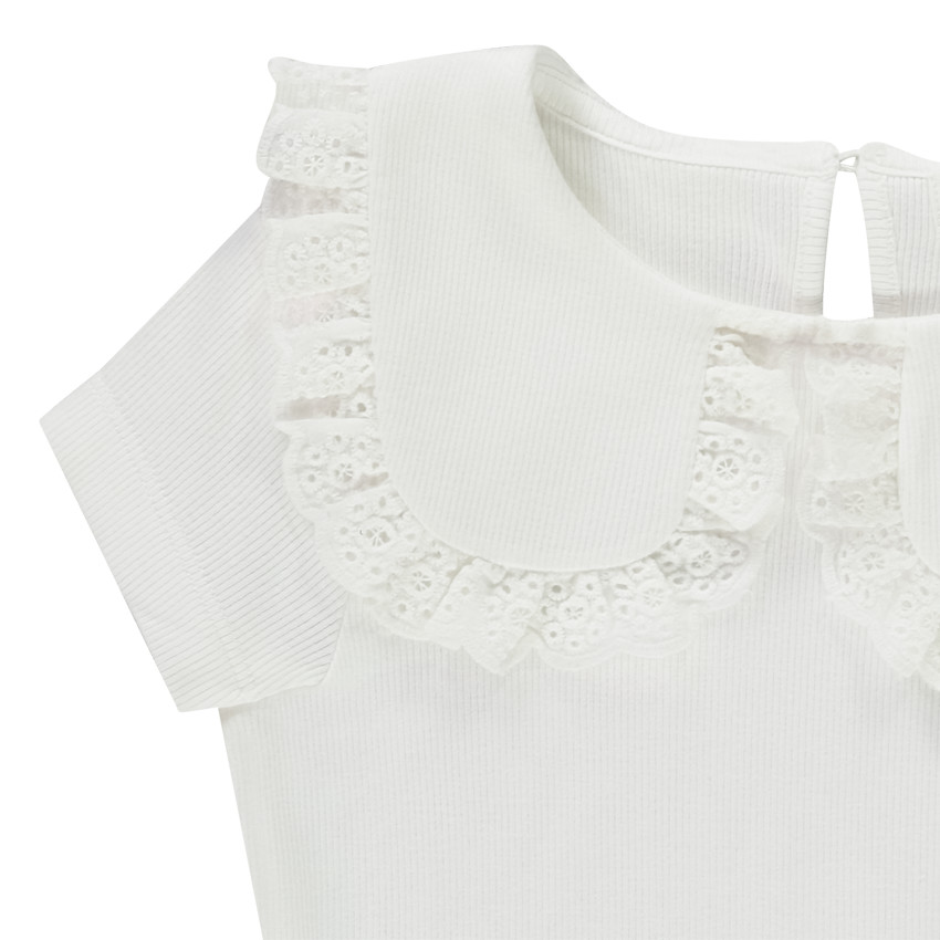 T-shirt manches courtes côtelé à col claudine brodé pour fille 