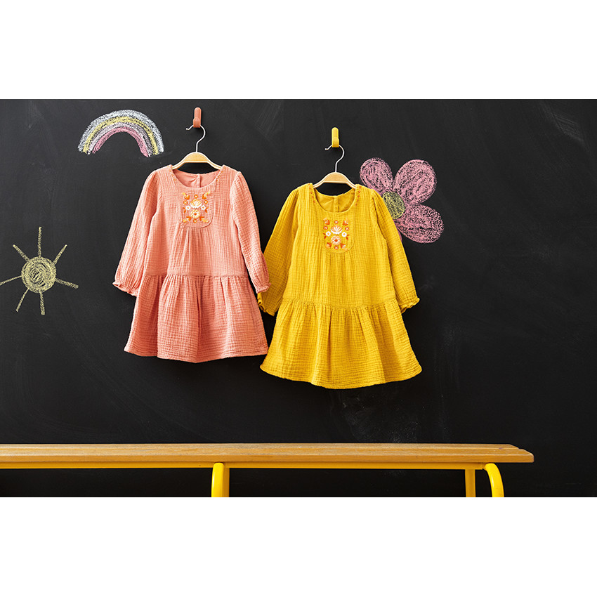 Robe manches longues en double gaze brodée pour bébé fille