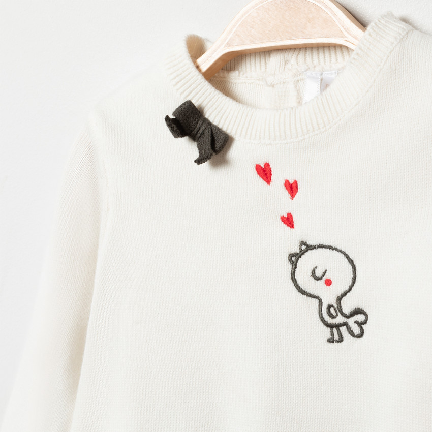 Robe manches longues en tricot à coeurs et oiseau brodés 