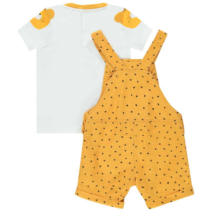 Ensemble bébé garçon avec t-shirt ludique et salopette jaune à pois 