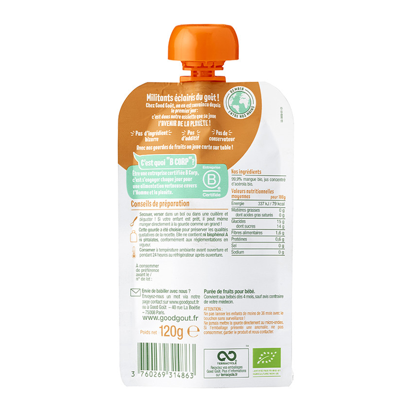 Compote de fruits en gourde mangue bio - 120g 