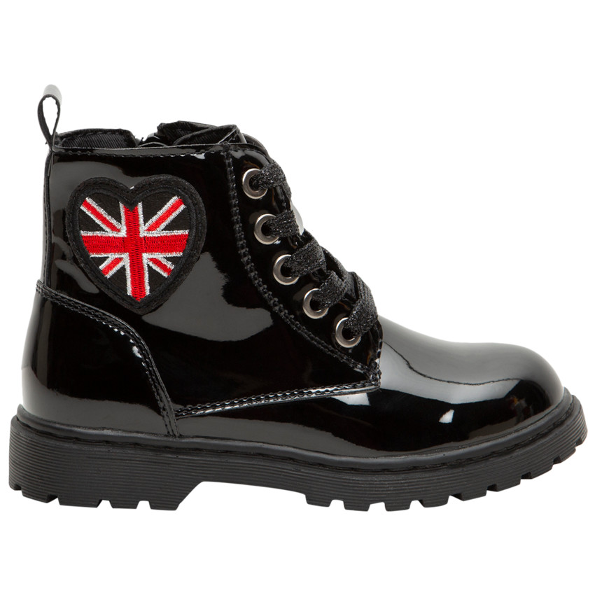 Bottillons vernis à lacets et zip avec coeur patché et drapeau brodé 