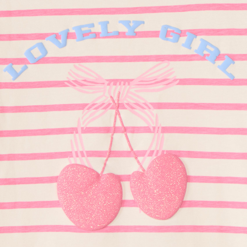 T-shirt manches courtes à rayures avec print cerise pour fille 