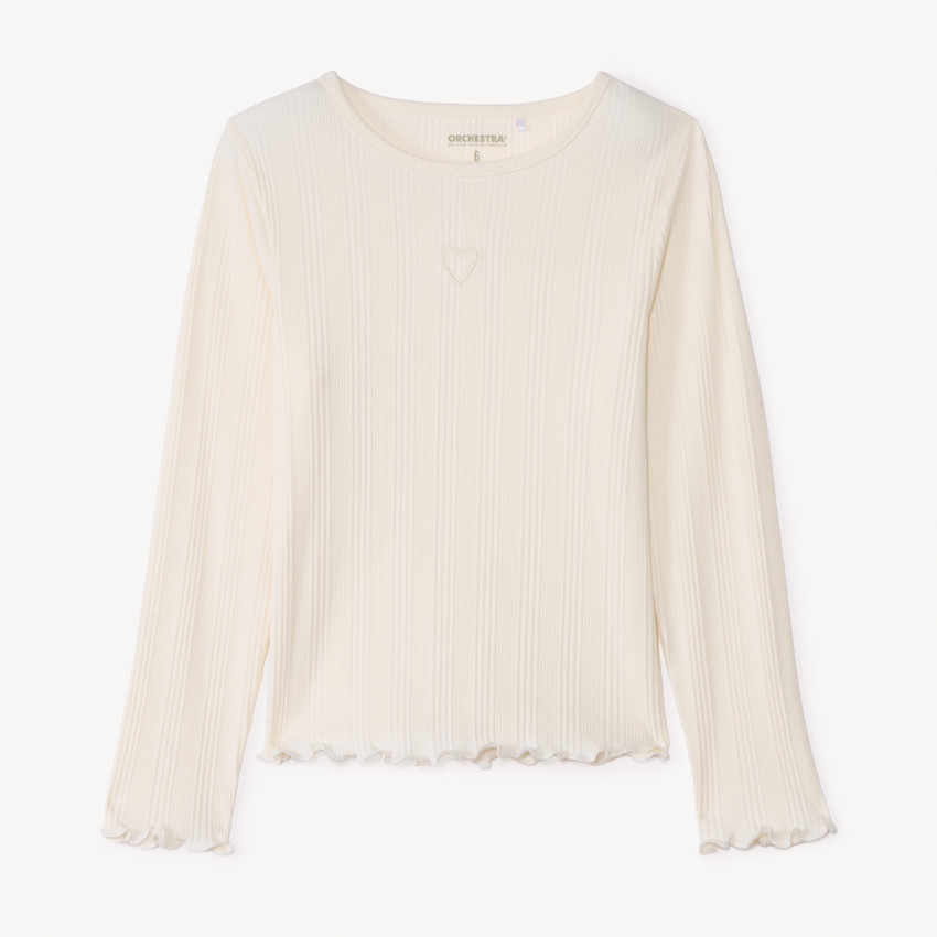 T-shirt manches longues côtelé brodé cœur pour fille