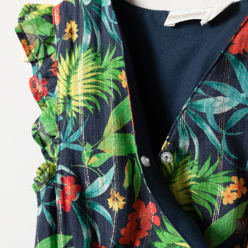 Robe à manches volantées et imprimé végétal légèrement brillant 