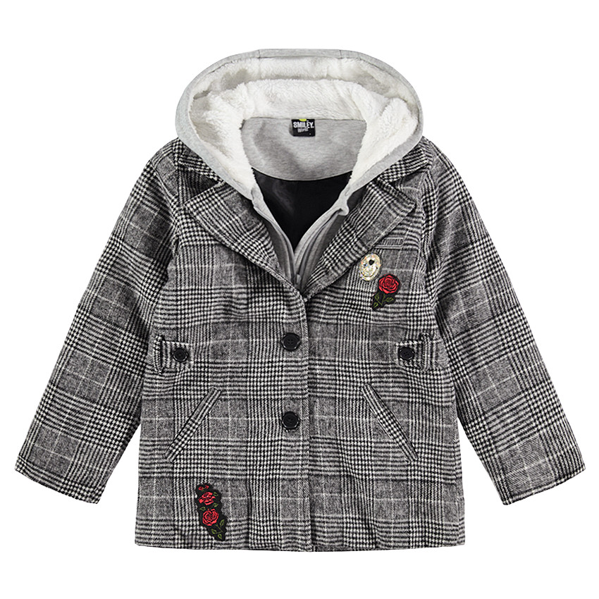 Junior - Manteau en drap de laine Pince de Galles avec textes printés et badges Smiley 