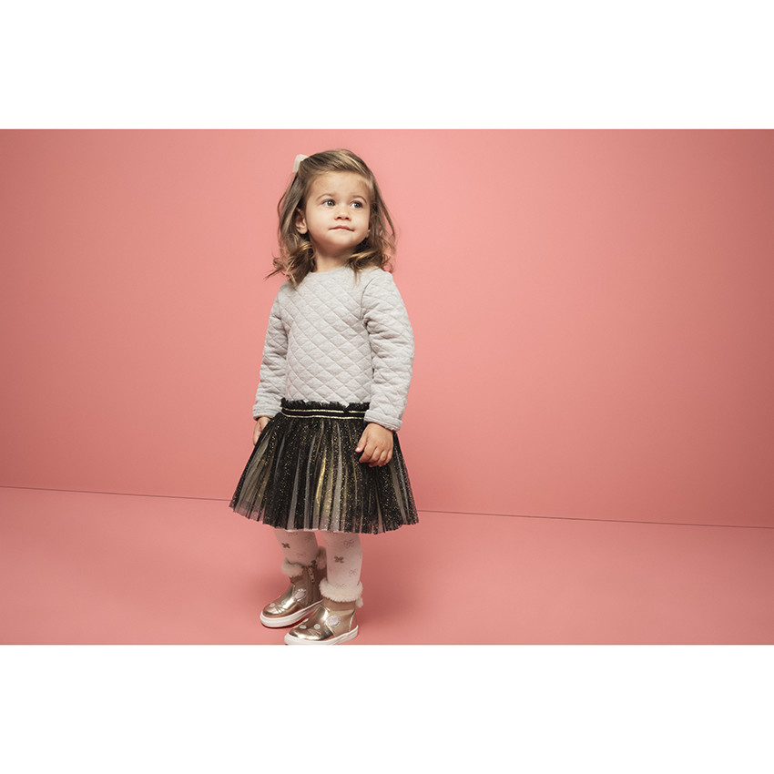 Robe manches longues bi-matières en molleton et tulle plissée 