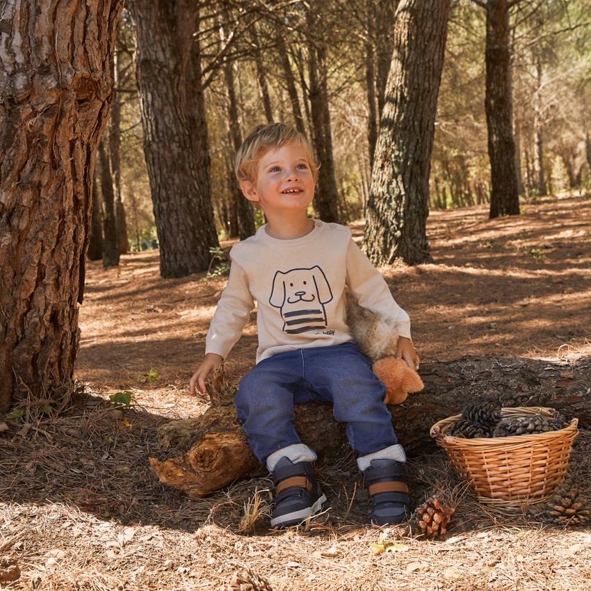 Pull uni en tricot avec print chien pour bébé garçon - Beige