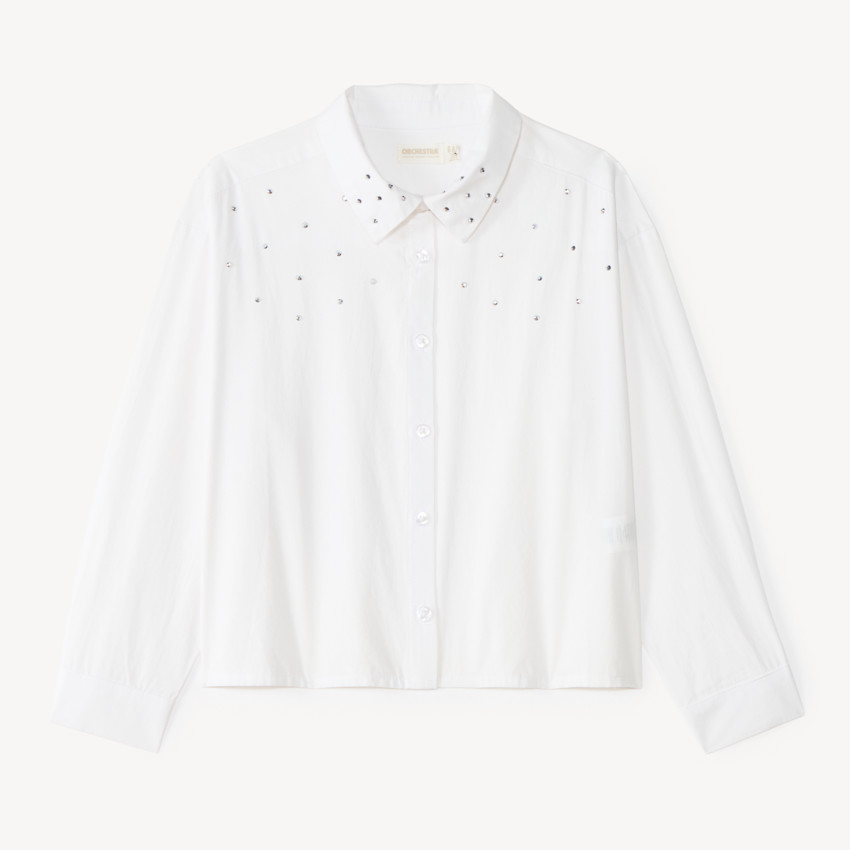 Chemise blanche à manches longues fille avec détails strass 
