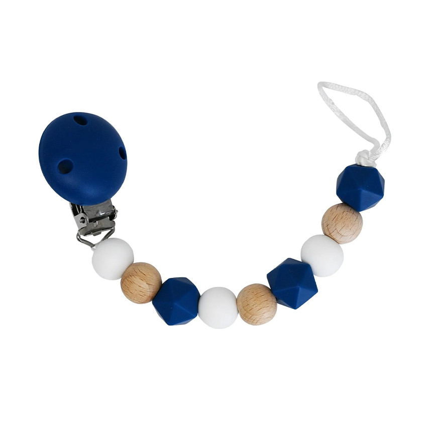 Attache-sucette en bois et silicone bleu marine 