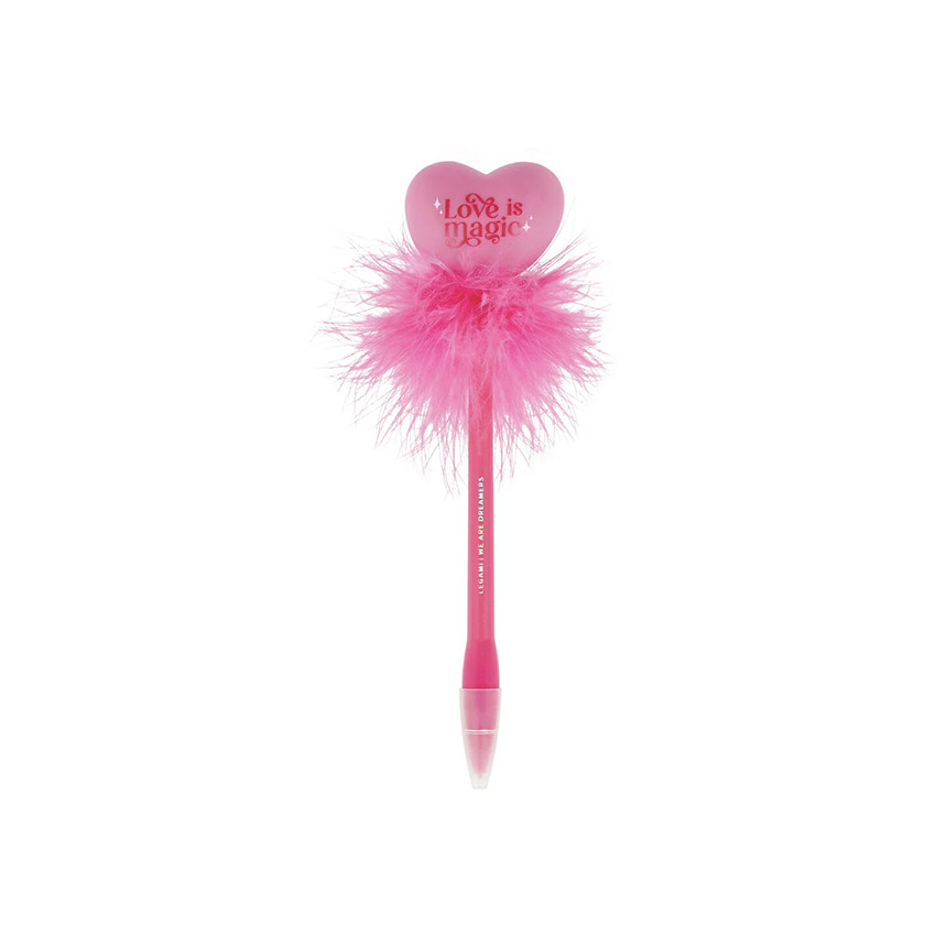 Stylo bille à plumes avec cœur lumineux encre rose 