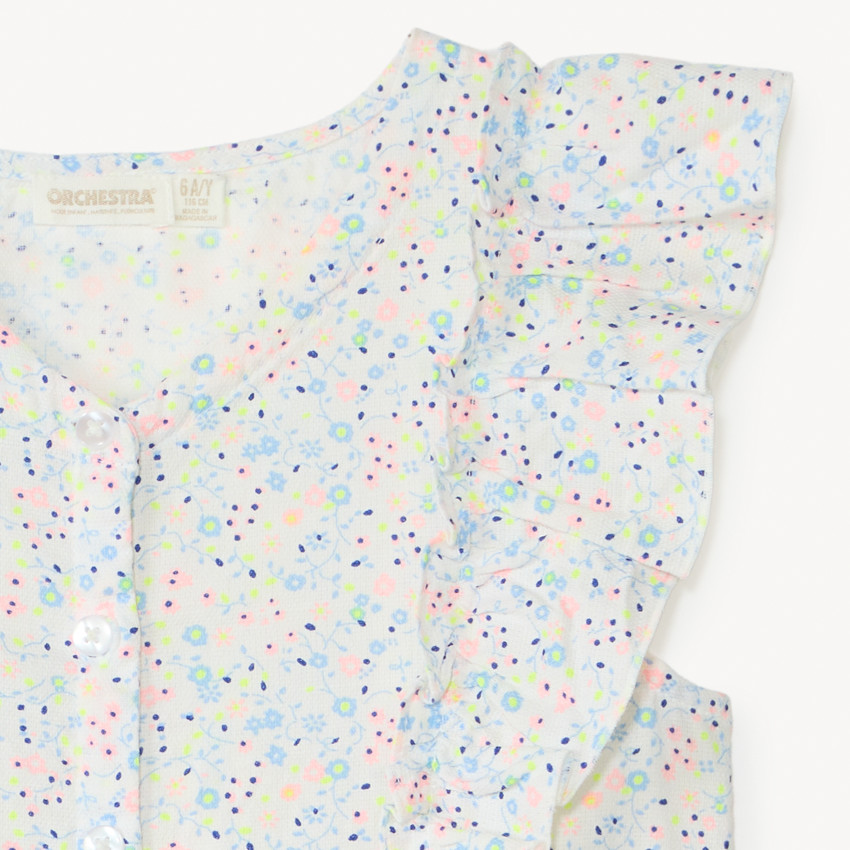Chemise manches courtes à gros volant imprimé fleuri pour fille 