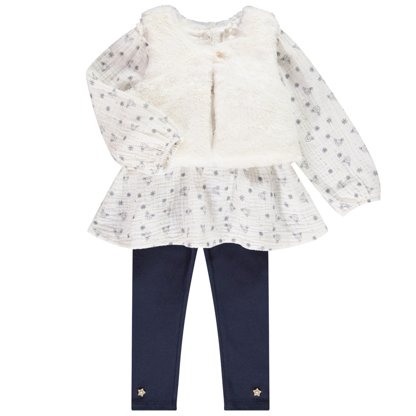 Ensemble 3 pièces tunique imprimé cerfs + gilet en sherpa + caleçon uni pour bébé fille 