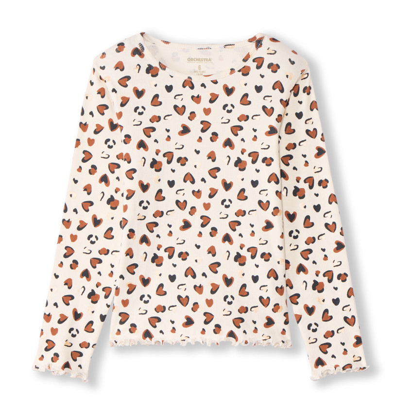 T-shirt manches longues côtelé imprimé cœurs tachetés pour fille 