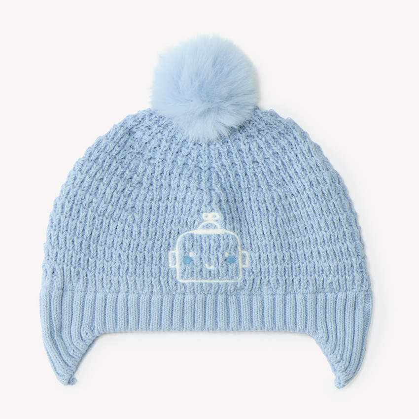 Bonnet naissance en tricot broderie robot 