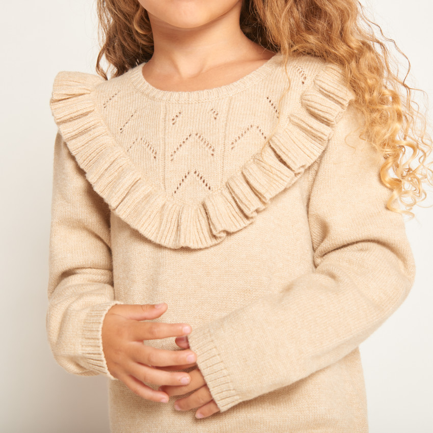 Robe en tricot uni et ajouré avec volants pour fille  