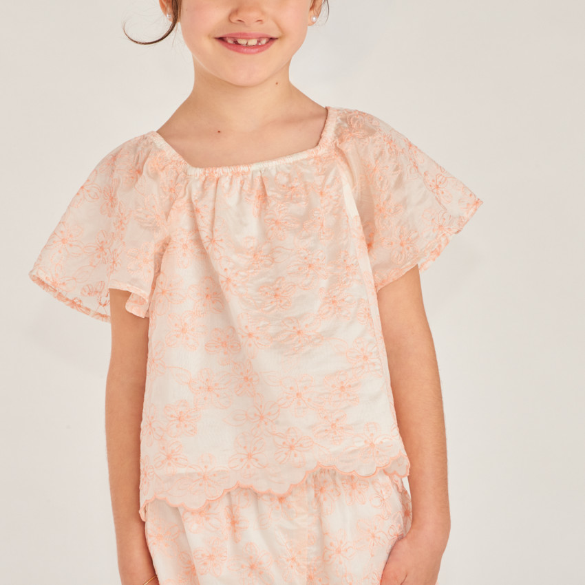 Ensemble 2 pièces t-shirt + short en broderie fleurie bicolore pour fille 