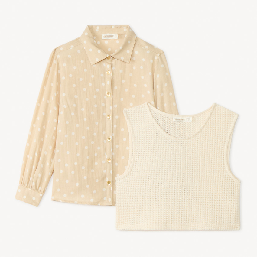 Chemise manches longues à pois + pull en maille uni pour fille 