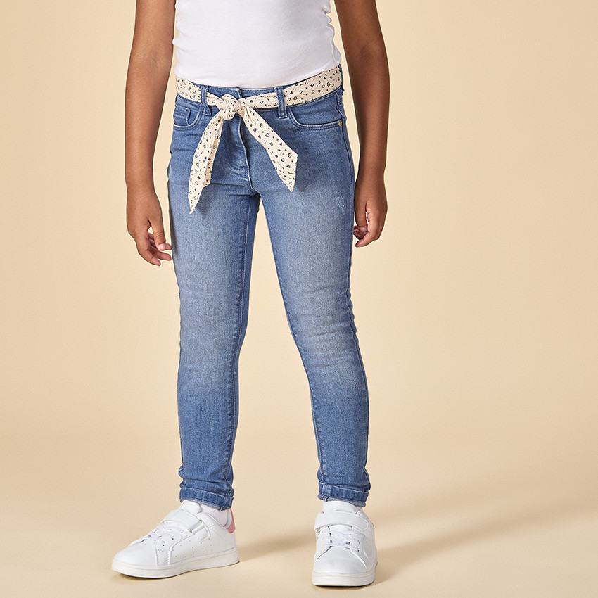 Jean slim en denim avec ceinture foulard fantaisie pour fille 