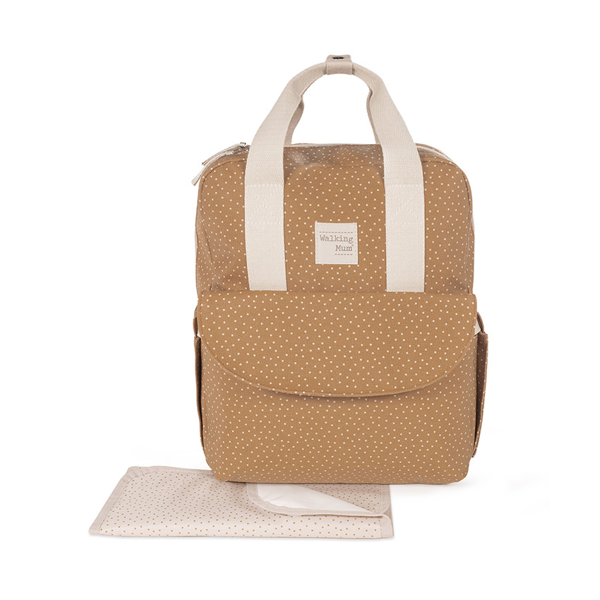 Sac à dos à langer imprimé pois Poppy + tapis cannelle 
