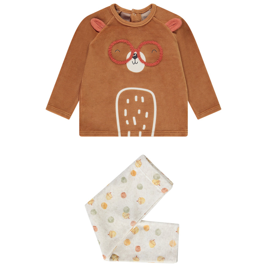 pyjama 2 pièces en velours ourson ludique pour bébé garçon - caramel