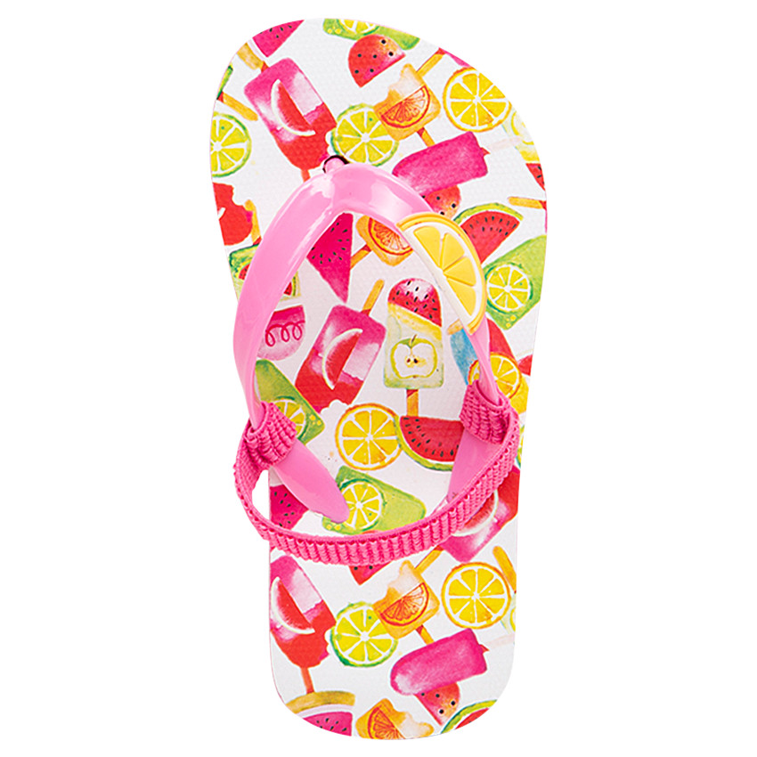 Tongs avec fruits imprimés, tranche de citron plastifiée et lanière au dos 