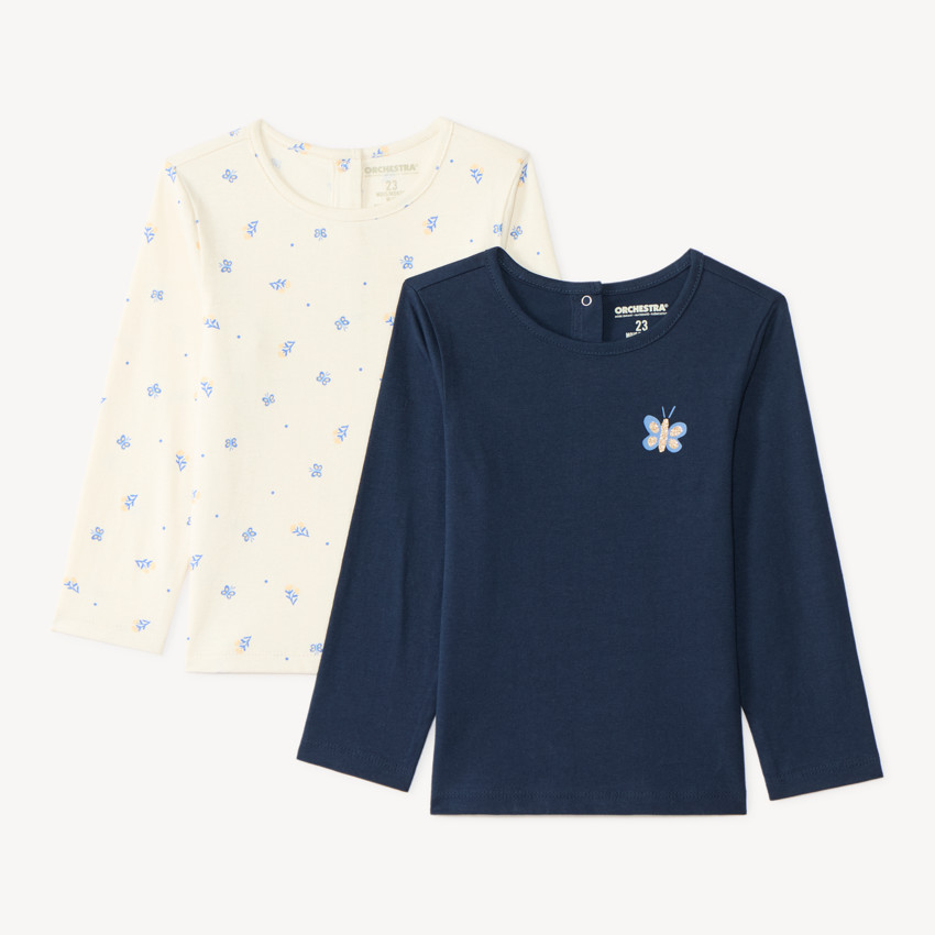 Lot de 2 t-shirts manches longues bébé fille uni et imprimé