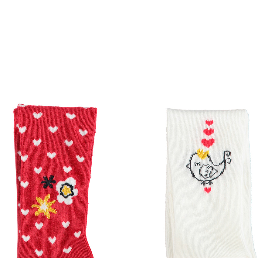 Lot de 2 collants épais rouge à coeurs all-over / uni avec oiseau printé 