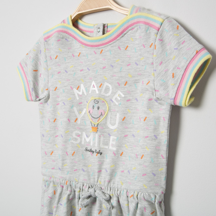 Robe manches courtes en maille imprimée all-over et Smiley Baby brodé 