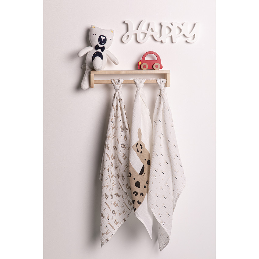 Lot de 3 langes en coton bio imprimées animaux de la jungle 