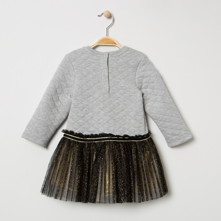 Robe manches longues bi-matières en molleton et tulle plissée 