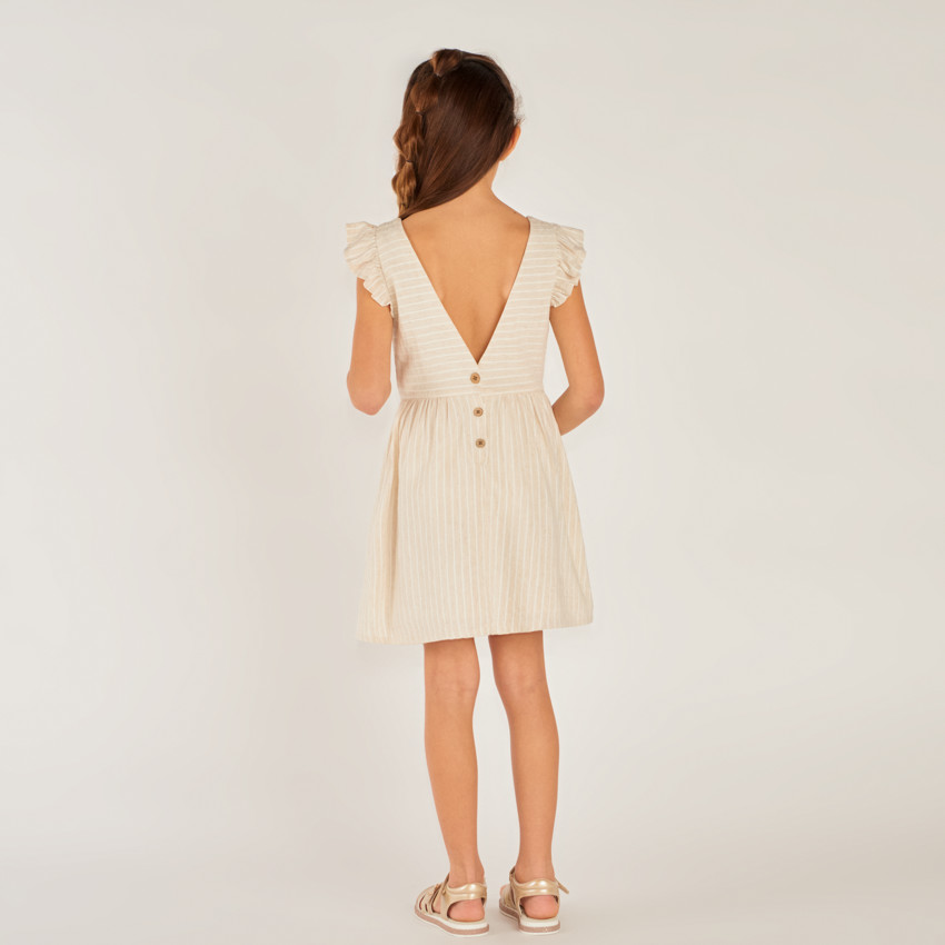 Robe manches courtes en toile à rayures avec dos en V pour fille 