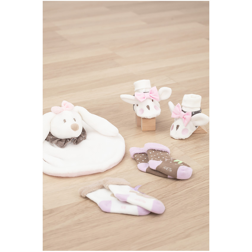 Doudou lapin en sherpa avec collerette à pois 
