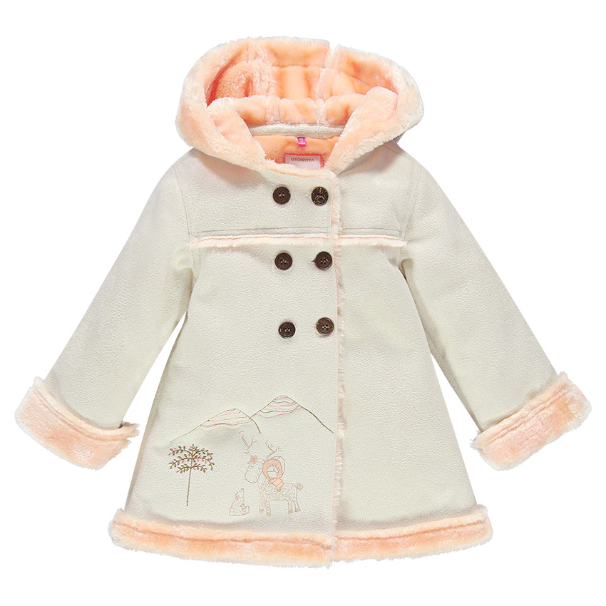 Manteau brodé à capuche effet peau retournée, doublé sherpa  