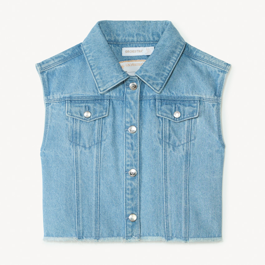 Veste en jean sans manches à col chemise pour fille  